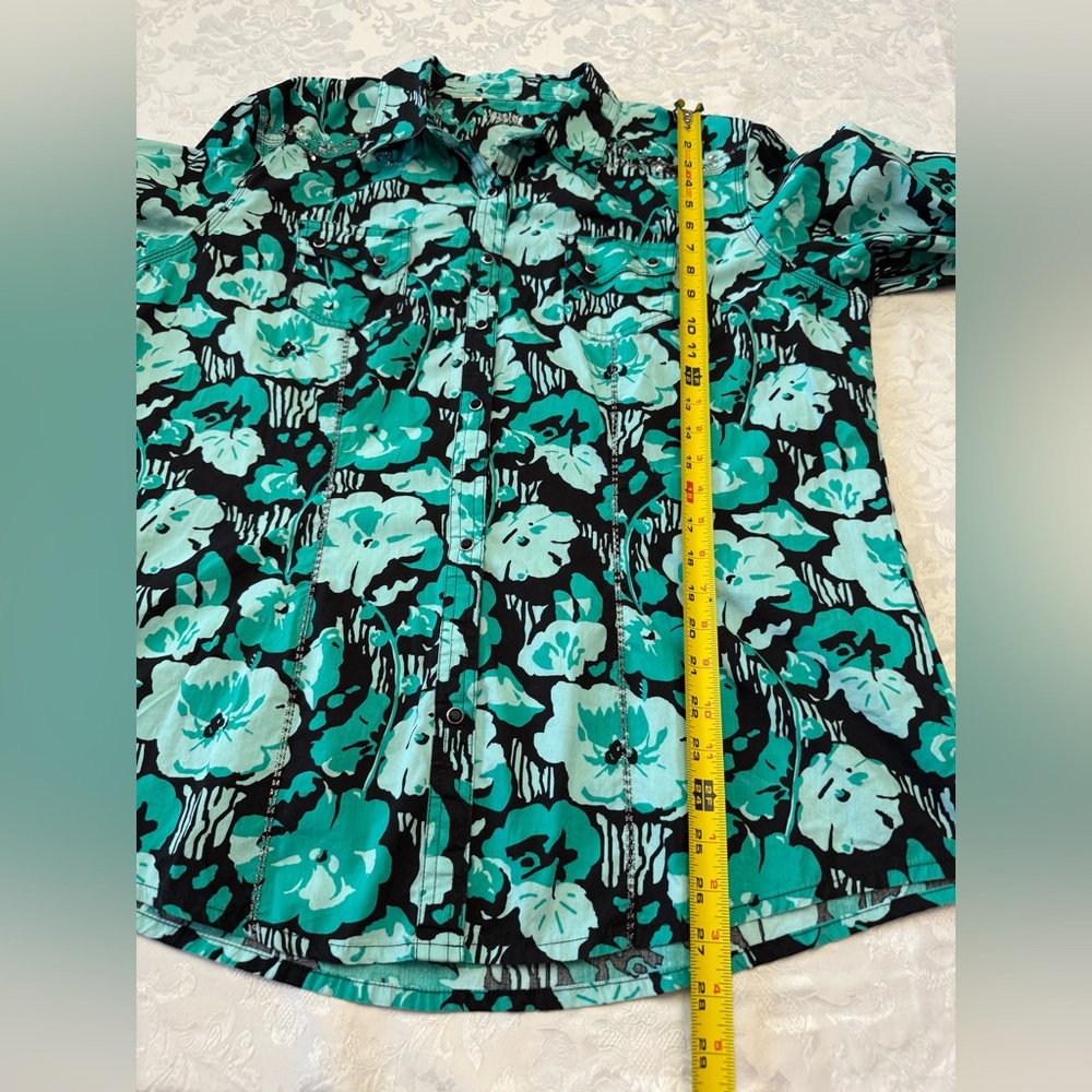 Rock 47 By Wrangler Women’s XXL Teal Black Floral Pearl Snap Top Bling‎ Cowgirl - Picture 8 of 8